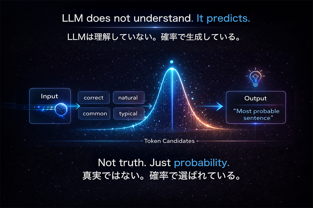 LLMは正しさを判断せず、確率的に自然な文章を生成していることを示すビジュアル
